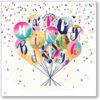 Birthday card featuring a bunch of balloons each with a letter which spells Happy Birthday. The balloons are surrounded by colourful confetti against a white background.