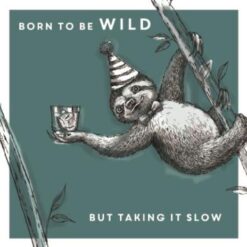 Birthday card with grey background and an illustration of a sloth hanging on a branch whilst wearing a party hat and holding a drink. Text reads Born to be Wild, but taking it slow.