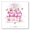 Birthday card with an illustration of a large cake on a cake stand with candles on the top. Coloured in pink and pastel colours with butterflies either side. Text across the centre of the cake reads Have a Lovely Birthday in pink writing.