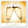 Two champagne flutes come together in a toast, against a pale gold background. Text below reads Congratulations!