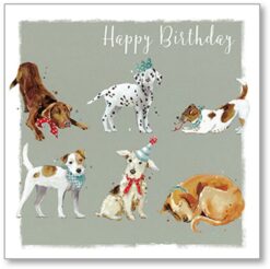 Birthday card with grey background and illustrations of 6 dogs, some wearing party hats while others stretch and one sleeps in the corner. Text at the top reads Happy Birthday.