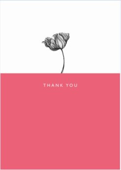 Thank you card featuring a simple illustration of a poppy. The top half of the card is white and the bottom half is coral coloured. Text on the front of the card reads Thank You.