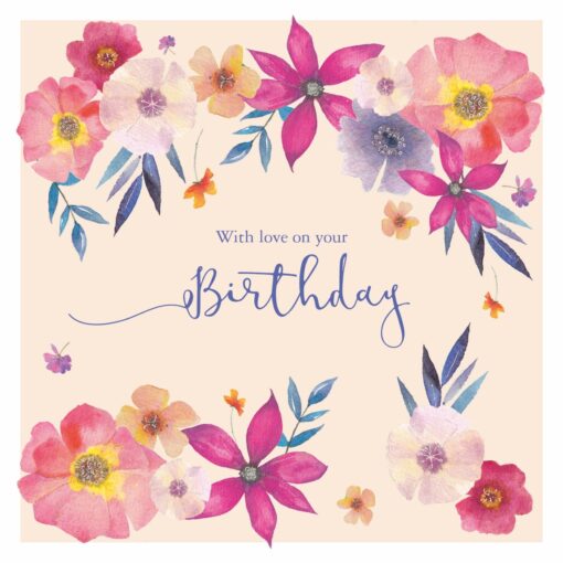 Pink birthday card with floral illustration and the text 'With love on your Birthday'.