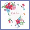 White square card with blue border and a colourful floral illustration with the text 'With Love' in pink lettering in the centre.
