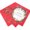 Red and white square napkins with a festive wreath design and the text 'Merry Christmas' in the centre.
