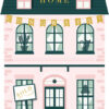 New Home card in the shape of a house with a sold sign at the front door. Text reads New Home Congrats!