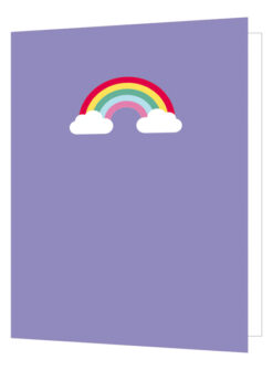 A purple card with an illustration of a colourful rainbow on the front.