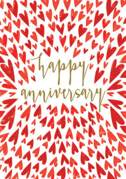 Anniversary card with the text happy anniversary in the centre, surrounded by a mass of red hearts.
