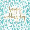 Wedding day card covered in blue hearts and gold text which reads 'happy wedding day'.