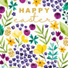 Easter card covered in spring flowers and foliage in yellow, purple, blue and green. Text in the centre reads 'Happy easter' in gold letters.