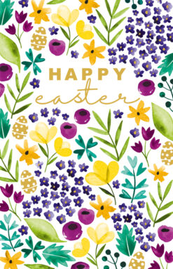 Easter card covered in spring flowers and foliage in yellow, purple, blue and green. Text in the centre reads 'Happy easter' in gold letters.