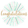 White card with Congratulations written across the middle. Colourful rays and gold stars surround the text.