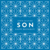 Blue card with geometric pattern. In the middle of the card is the text 'Super Amazing Son Happy Birthday!'.