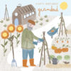 Birthday card with an illustration of a man working in his allotment surrounded by a shed, flowers, vegetables and garden tools. Text reads Happy Birthday Grandad.