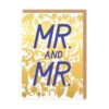 Wedding day card with gold detail and blue text which reads 'Mr and Mr'.