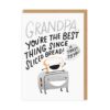 White card with text reading 'Grandpa, You're the Best Thing Since Sliced Bread!' An illustration of a smiley piece of toast popping out of a toaster which has a happy face. A speech bubble, next to the toast, includes the text 'A Toast to You!'.