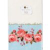White Paper table cloth with blue border and pink rose floral pattern.
