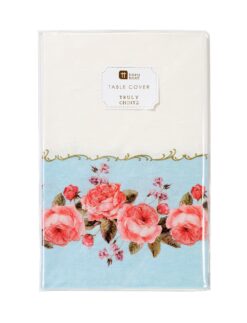 White Paper table cloth with blue border and pink rose floral pattern.