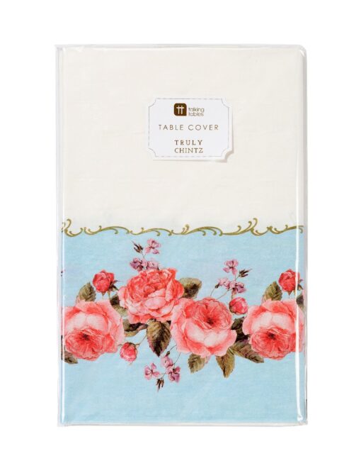 White Paper table cloth with blue border and pink rose floral pattern.