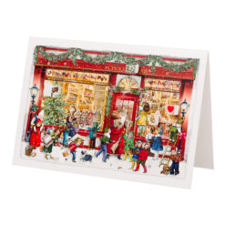 A red chocolaterie shop decorated with wreaths, lights and garlands. Children look through the window at lots of delicious treats. Santa stands at the door with a sack of gifts.