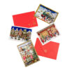 Four advent calendar cards with different snowy festive images. From the top: A steam train stops at a snowy mountain station; The shop front of a Chocolaterie all dressed for the Christmas season; Townhouses all decorated for Christmas as Santa is pulled