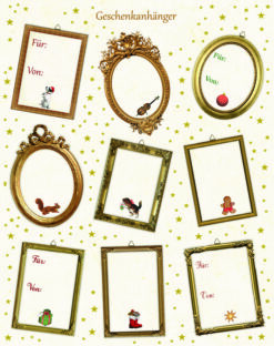 Nine gift tags in different photo frame designs. Each frame has a Christmas image at the bottom.