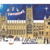 Image on this advent calendar shows a cathedral with a choir walking past. A family looks on. There is a snowman outside the cathedral and a nativity scene in a wooden hut. There are dogs, a cat, a robin, mouse and an owl is sitting on top of the cathedra