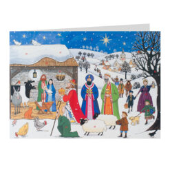 Advent calendar card featuring the nativity scene as a line of people from across the hills come to greet the new baby. The Three Wise Men present their gifts.