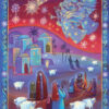 Image on this advent calendar shows shepherds and sheep in the town of Bethlehem as angels play instruments in the sky above, announcing the birth of Baby Jesus. The Northern Star lights up the night sky. The image is full of bright colours.