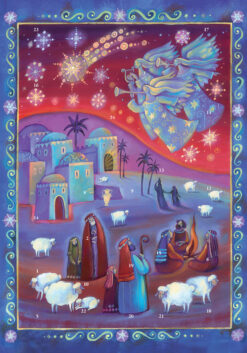 Image on this advent calendar shows shepherds and sheep in the town of Bethlehem as angels play instruments in the sky above, announcing the birth of Baby Jesus. The Northern Star lights up the night sky. The image is full of bright colours.