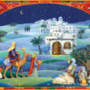 Image on this advent calendar features the three Kings as they arrive in Bethlehem bearing their gifts for the new baby Jesus. Shepherds greet them as they arrive pointing the in the direction of the stable. This calendar has a beautiful ornate border dec