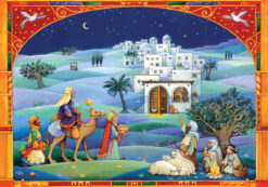 Image on this advent calendar features the three Kings as they arrive in Bethlehem bearing their gifts for the new baby Jesus. Shepherds greet them as they arrive pointing the in the direction of the stable. This calendar has a beautiful ornate border dec