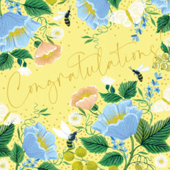 Yellow card with blue, pink and white flowers, and bees and butterflies. Text reads Congratulations.