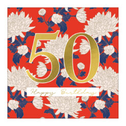 Birthday card with red background and large white flowers with blue stems. There is a large gold '50' and text below which reads 'Happy Birthday'.