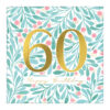 Bright colourful birthday card with blue and red foliage background and a large 60 in gold lettering. Text below reads Happy Birthday.