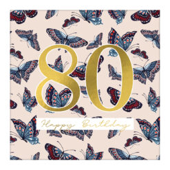 80th Birthday card with pale pink background and a pattern of butterflies. A large gold 80 is in the centre of the card with a 'happy birthday' message below.