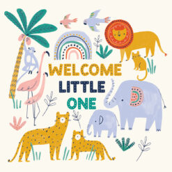New baby card featuring colourful animals including lions, elephants, leopards, birds, monkeys and flamingos. The text reads Welcome Little One.