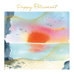 Retirement Card with colourful sunset illustration. Text at the top reads Happy Retirement in gold text.