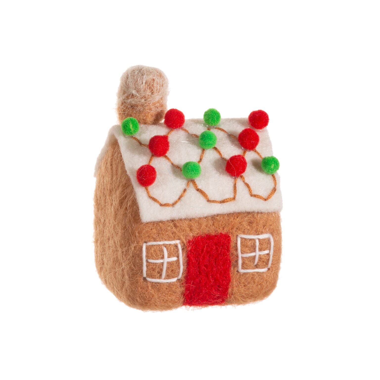 Felt gingerbread house decoration. The house has a white roof decorated with red and green pom poms. The house has a red felt door.