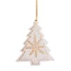 White tree shaped decoration with gold detail and a gold thread hanging loop.