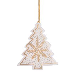 White tree shaped decoration with gold detail and a gold thread hanging loop.