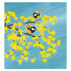 Greeting card with an illustration of two little blue tits sitting on the branches of a tree which is covered in yellow leaves with the blue sky in the background.
