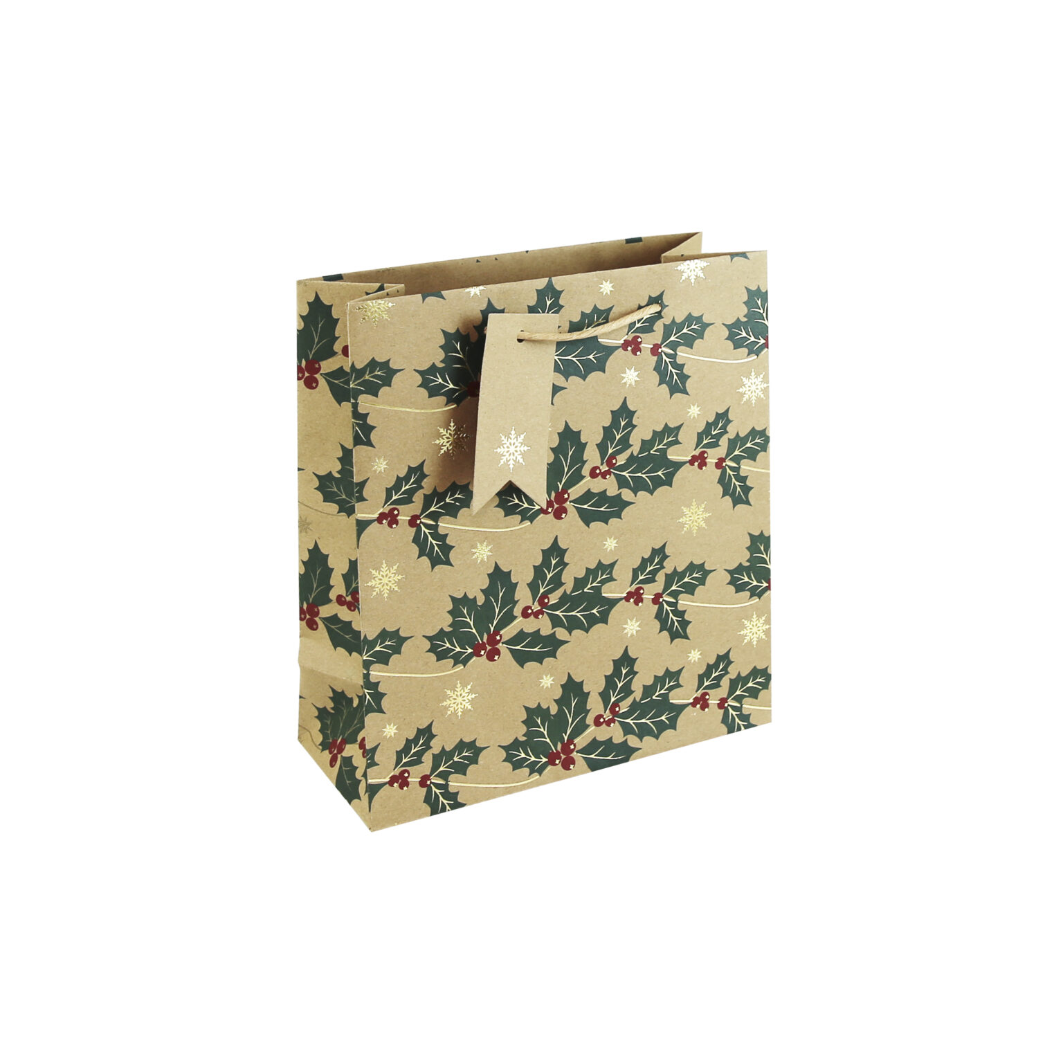 Kraft Holly Print Medium Gift Bag-0