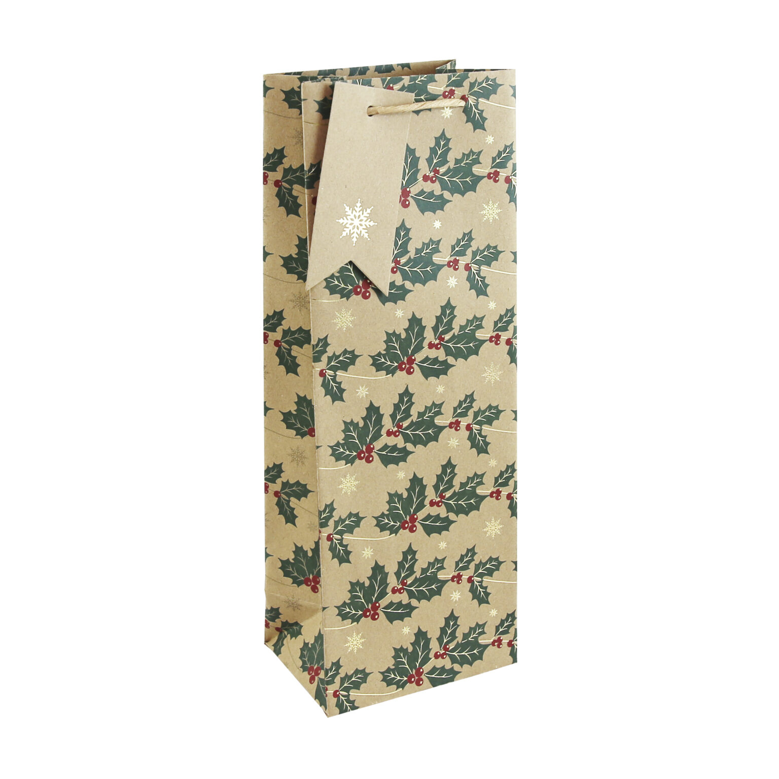 Kraft Holly Print Bottle Gift Bag-0