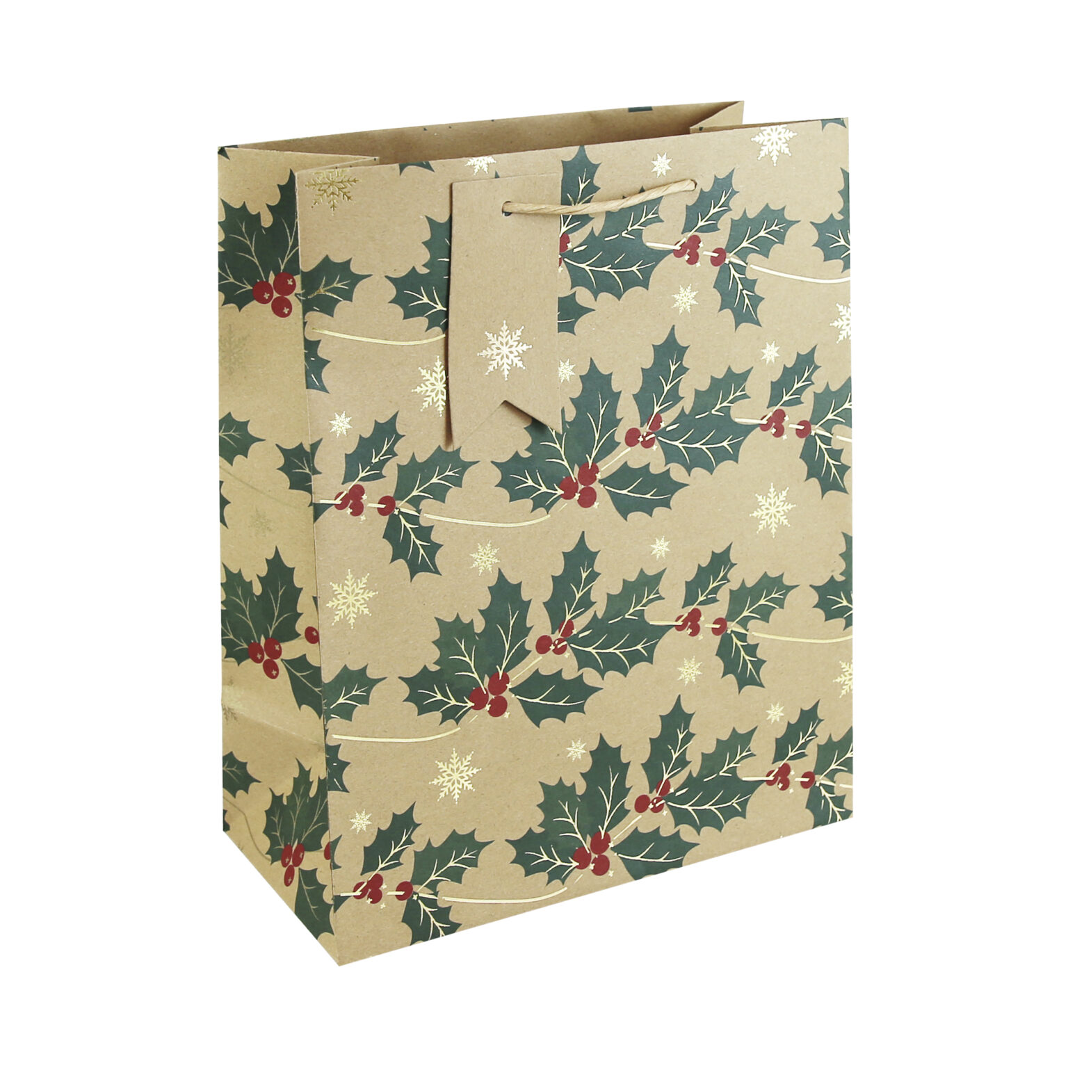 Kraft Holly Print Large Gift Bag-0
