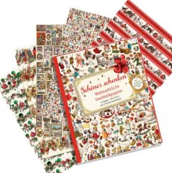 Christmas wrapping paper book with 10 sheets of Victorian style Christmas paper and nine gift tags.