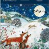 Advent calendar with an image of two foxes looking up Santa and his reindeer flying through the night sky. The snowy scene is lit up by the light of the full moon.