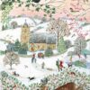 Image on this advent calendar shows a beautiful winter scene. People can be seen walking to the church while others ice skate and another sledges down the hill. The sky is a pastel pink colour as snow falls heavily creating a thick blanket over the fields