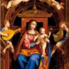Image on this Advent Calendar shows Mary sitting on a throne holding her new son, the Baby Jesus. Angels at her feet, and either side, play musical instruments .Two further angels float gracefully at the top of the picture. Numbers one to twenty four high