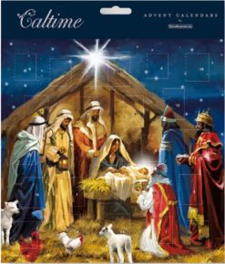 Square advent calendar with an image of the nativity scene.